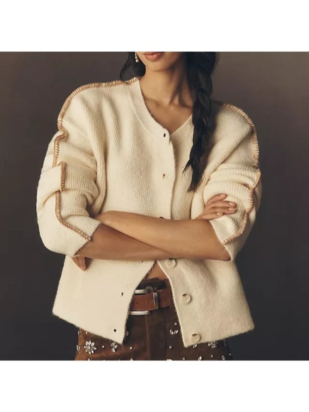 Pilcro Whipstitch Cardigan Sweater Ivory Cream M